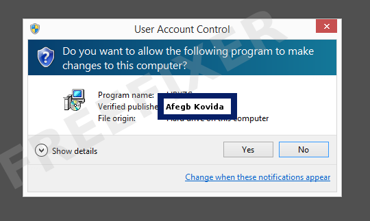 Screenshot where Afegb Kovida appears as the verified publisher in the UAC dialog